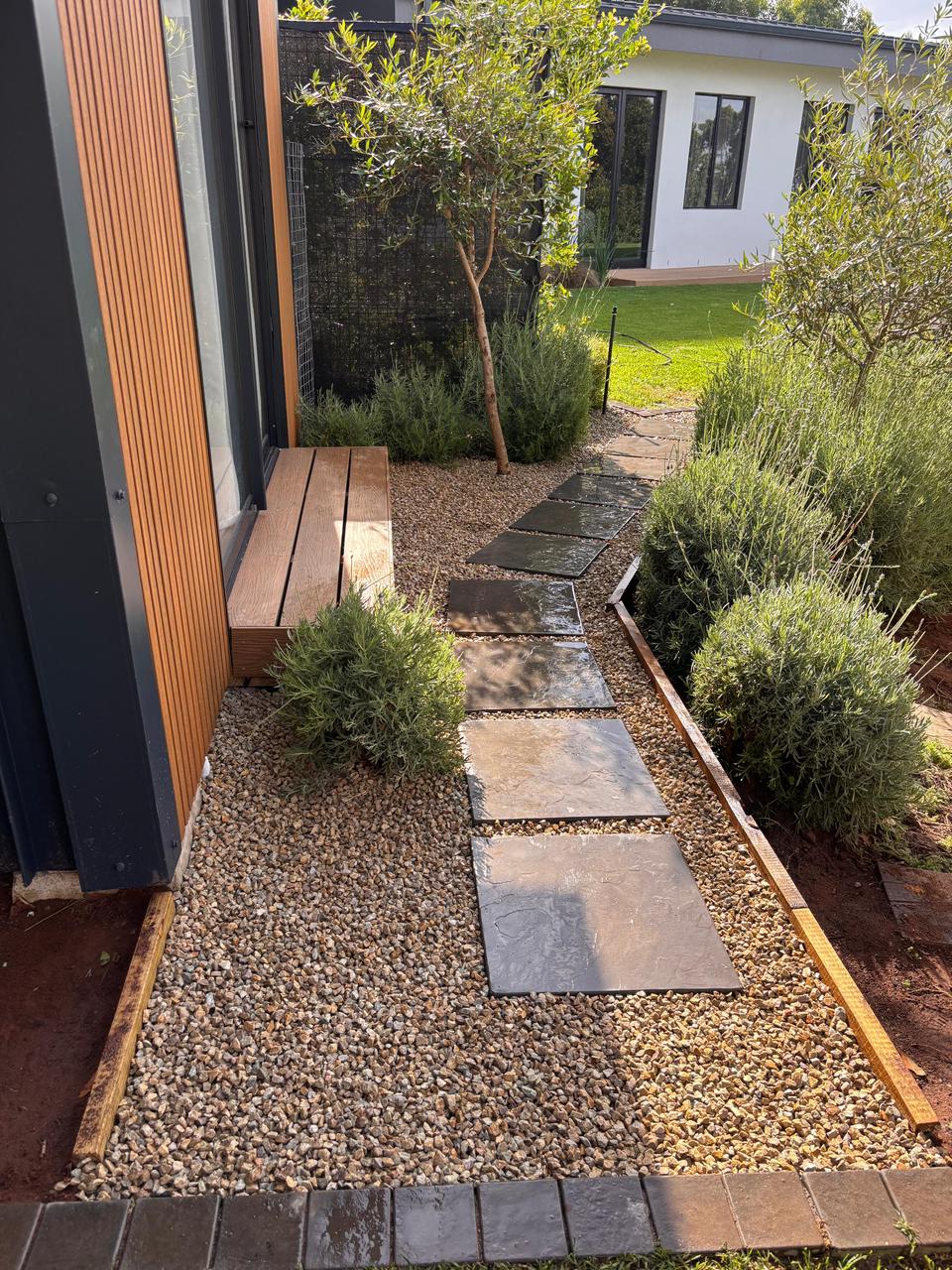 Completed olive and lavender garden pathway with gravel, Cape Town